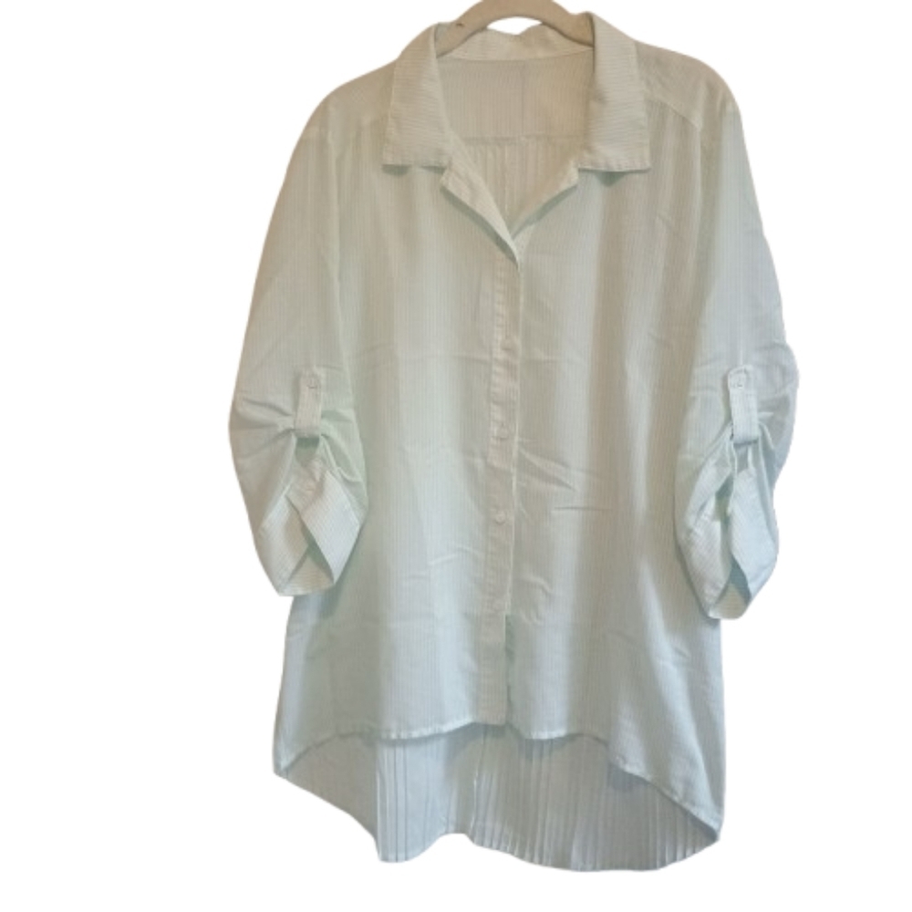 Chico’s Women’s Striped Button‎ Front Tunic Blouse White Teal Roll Tab Sleeve